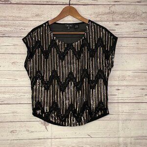 Miss Me Cocktail Hour Top Blk Gld‎ Blue Sequins XS